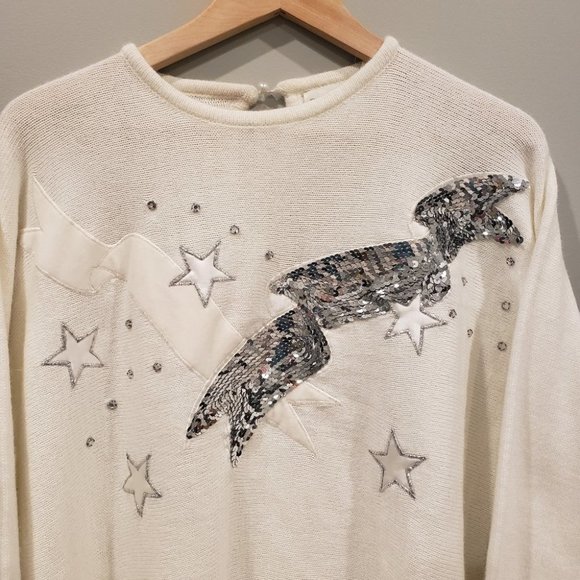 Vintage Christmas/New Years Part Sweater Knit Sparkly Stars/Ribbons Cre… - Picture 2 of 14